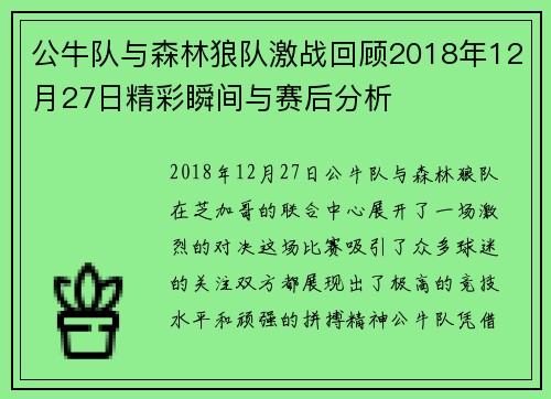 公牛队与森林狼队激战回顾2018年12月27日精彩瞬间与赛后分析